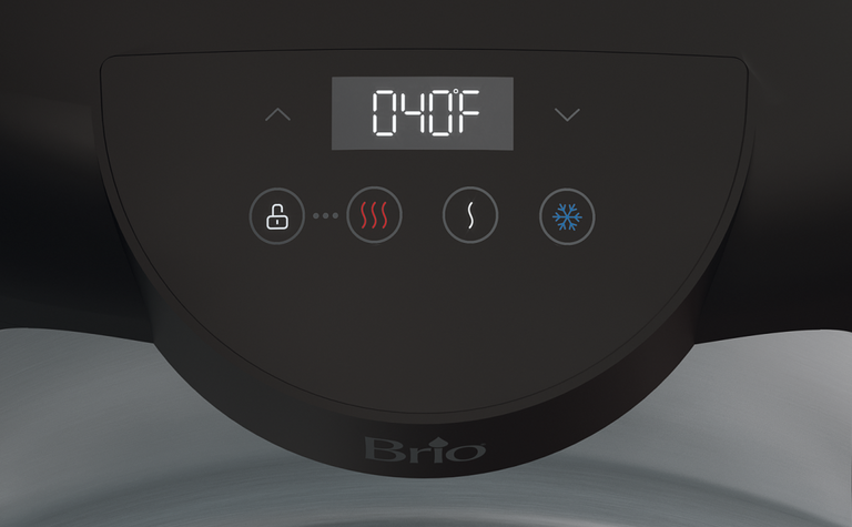 Close-up of a Brio control panel displaying 040F on a digital screen, with touch buttons below for lock, heat, air flow, and cooling functions, identified by icons.